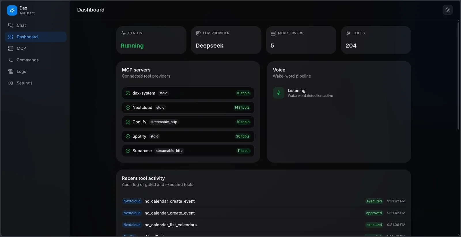 Dax Assistant dashboard showing 5 MCP servers and 204 tools