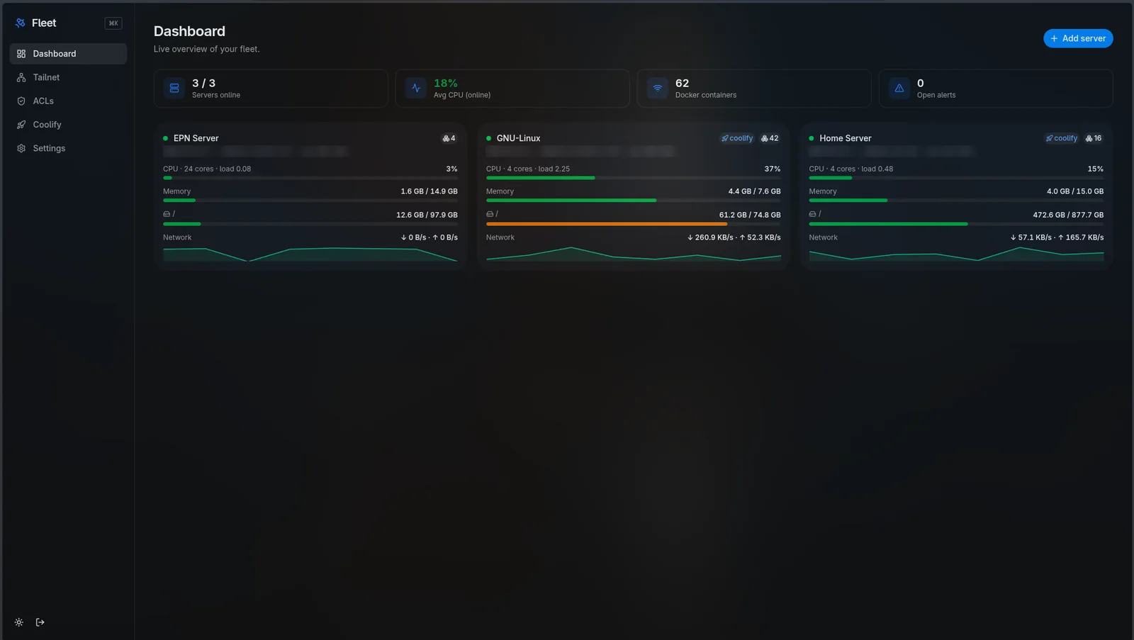 Fleet dashboard showing three Linux servers with live CPU, memory, disk and network